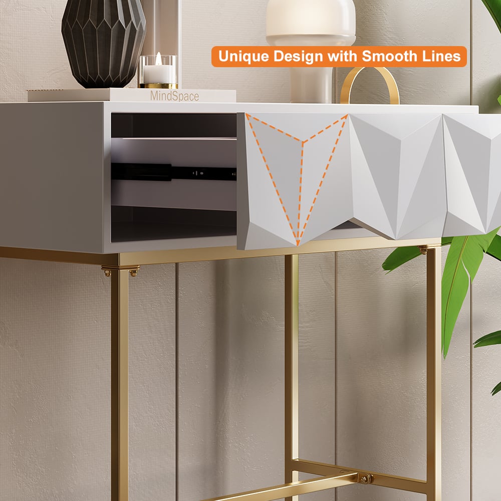 HMR - Modern Console Solid Wood and Metal Table with Drawers in White