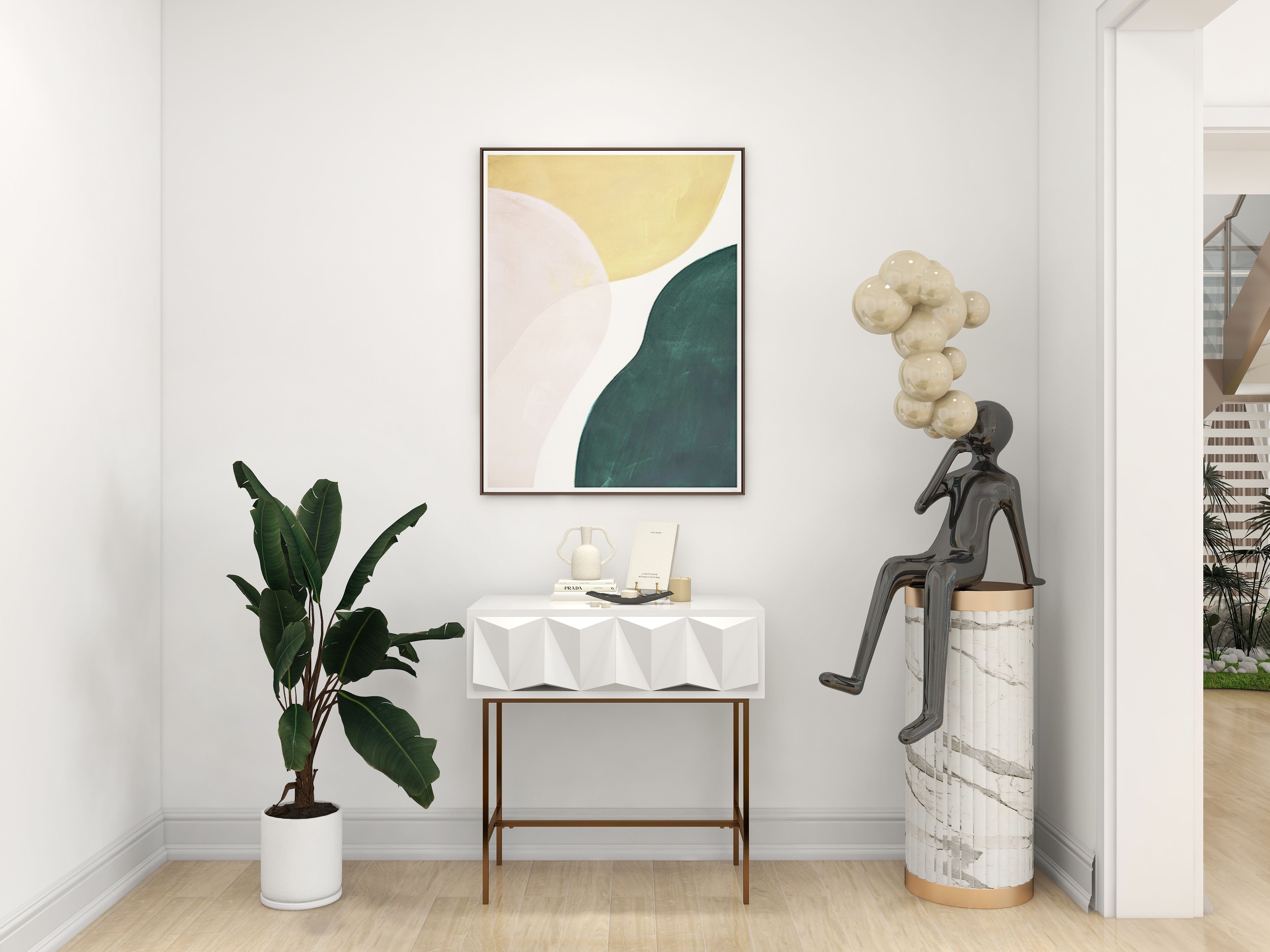 HMR - Modern Console Solid Wood and Metal Table with Drawers in White