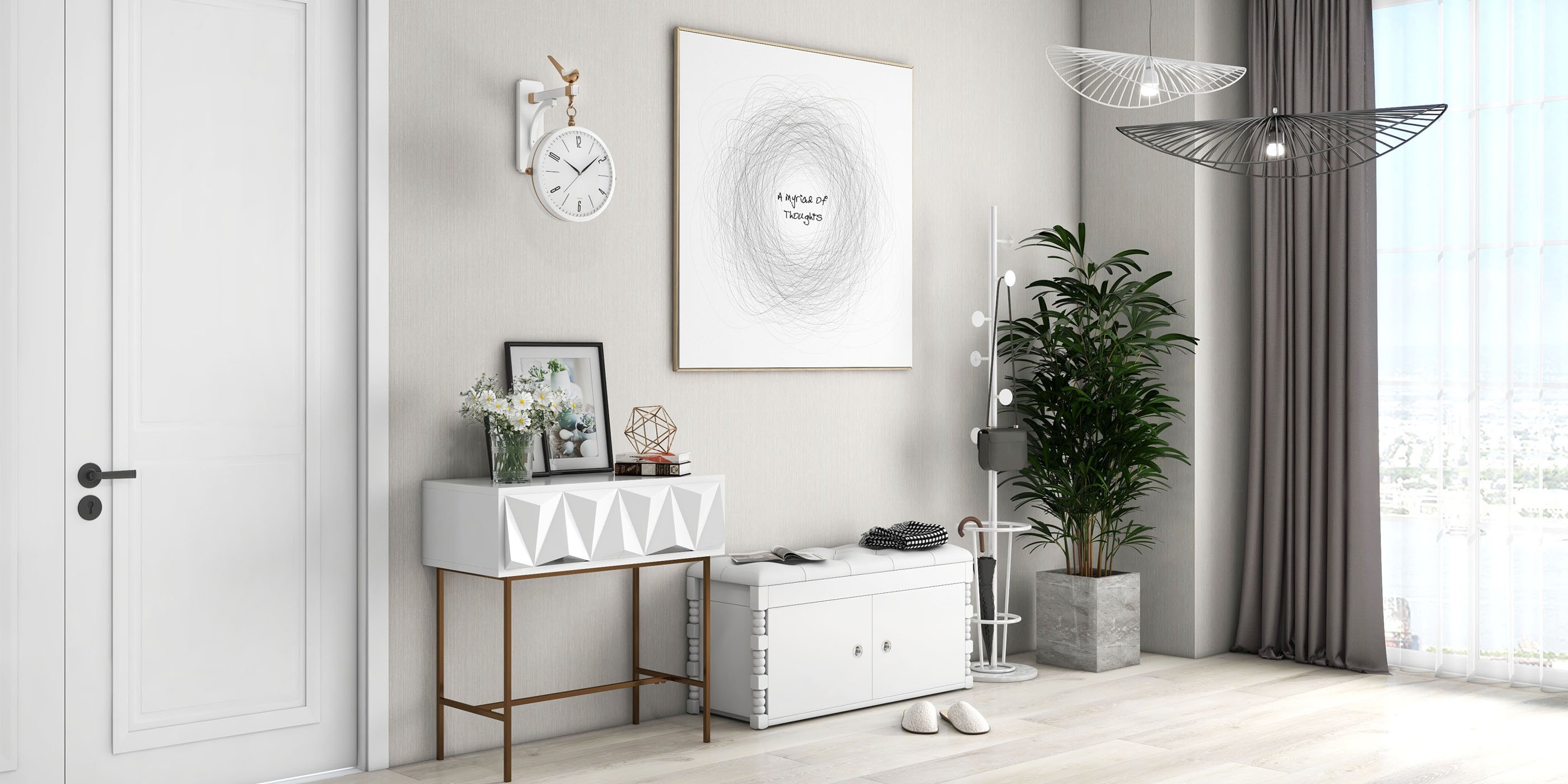 HMR - Modern Console Solid Wood and Metal Table with Drawers in White