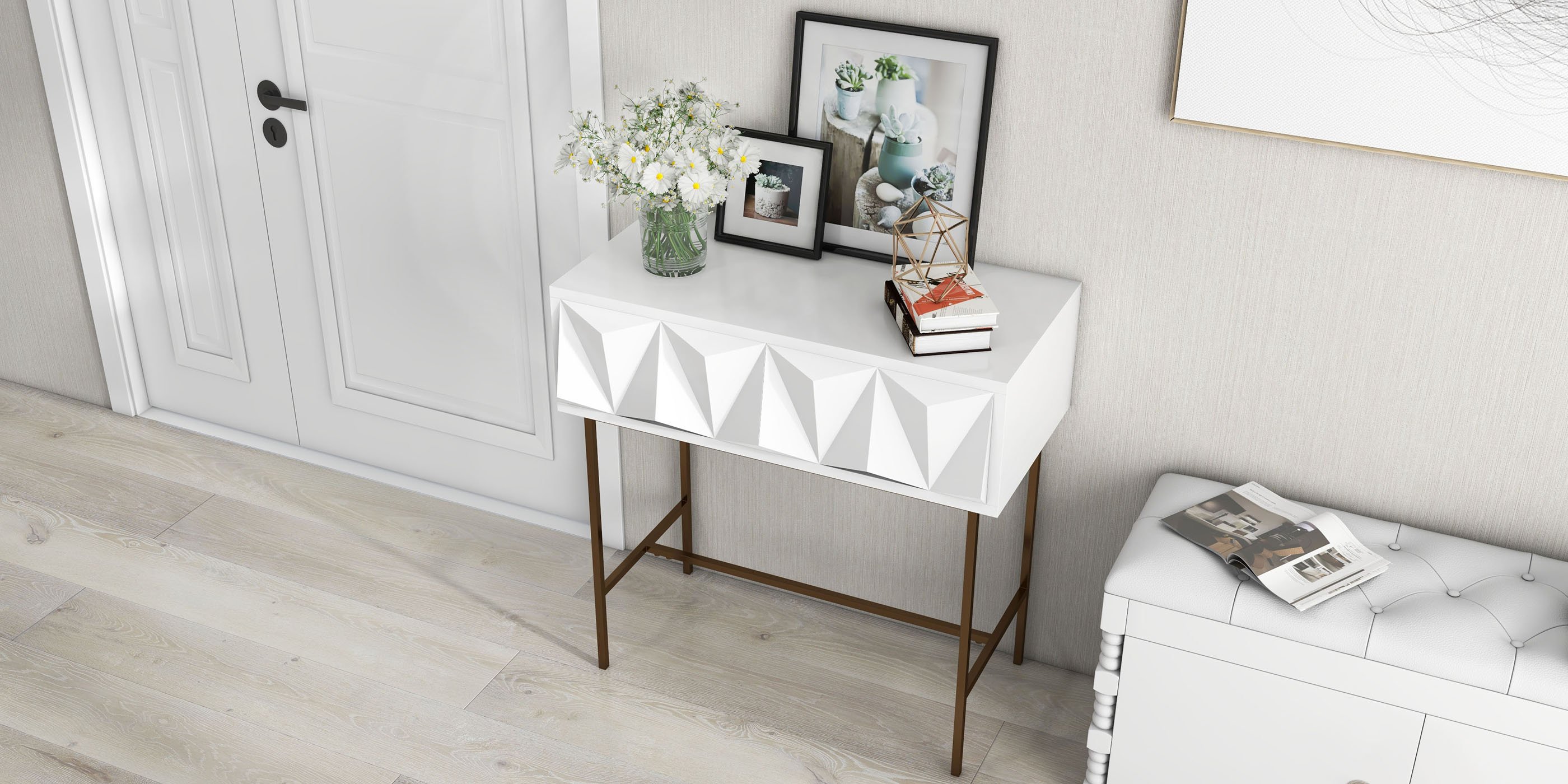 HMR - Modern Console Solid Wood and Metal Table with Drawers in White