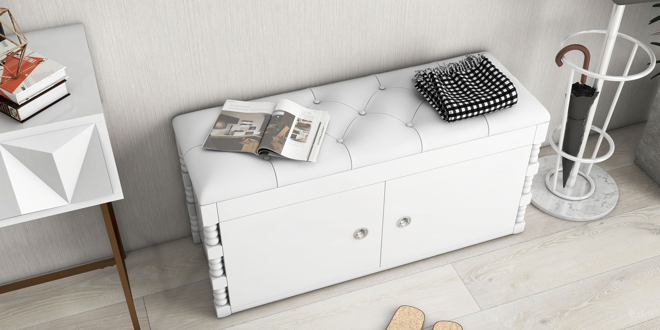 HMR - Modern Console Solid Wood and Metal Table with Drawers in White