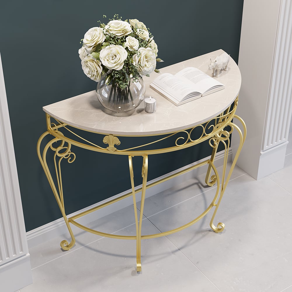 HMR - Modern Metal Console Table with Classical Frame in Gold