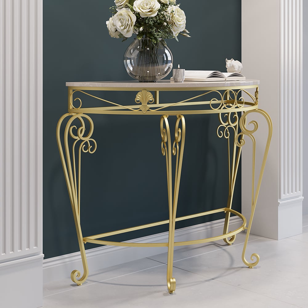 HMR - Modern Metal Console Table with Classical Frame in Gold