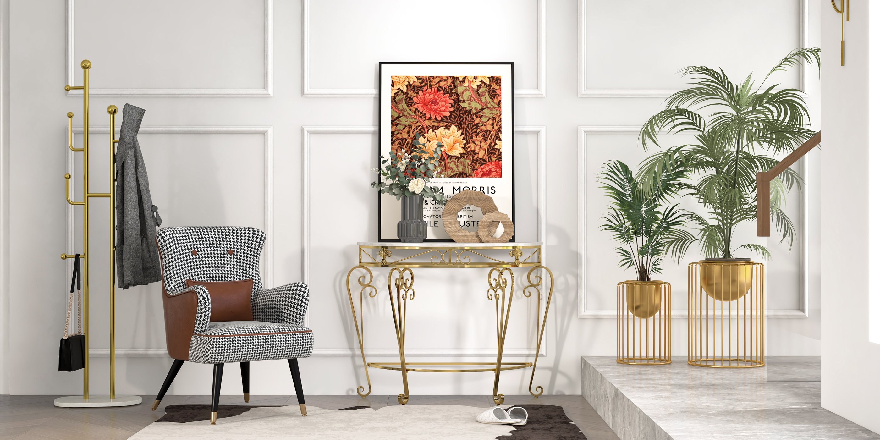 HMR - Modern Metal Console Table with Classical Frame in Gold
