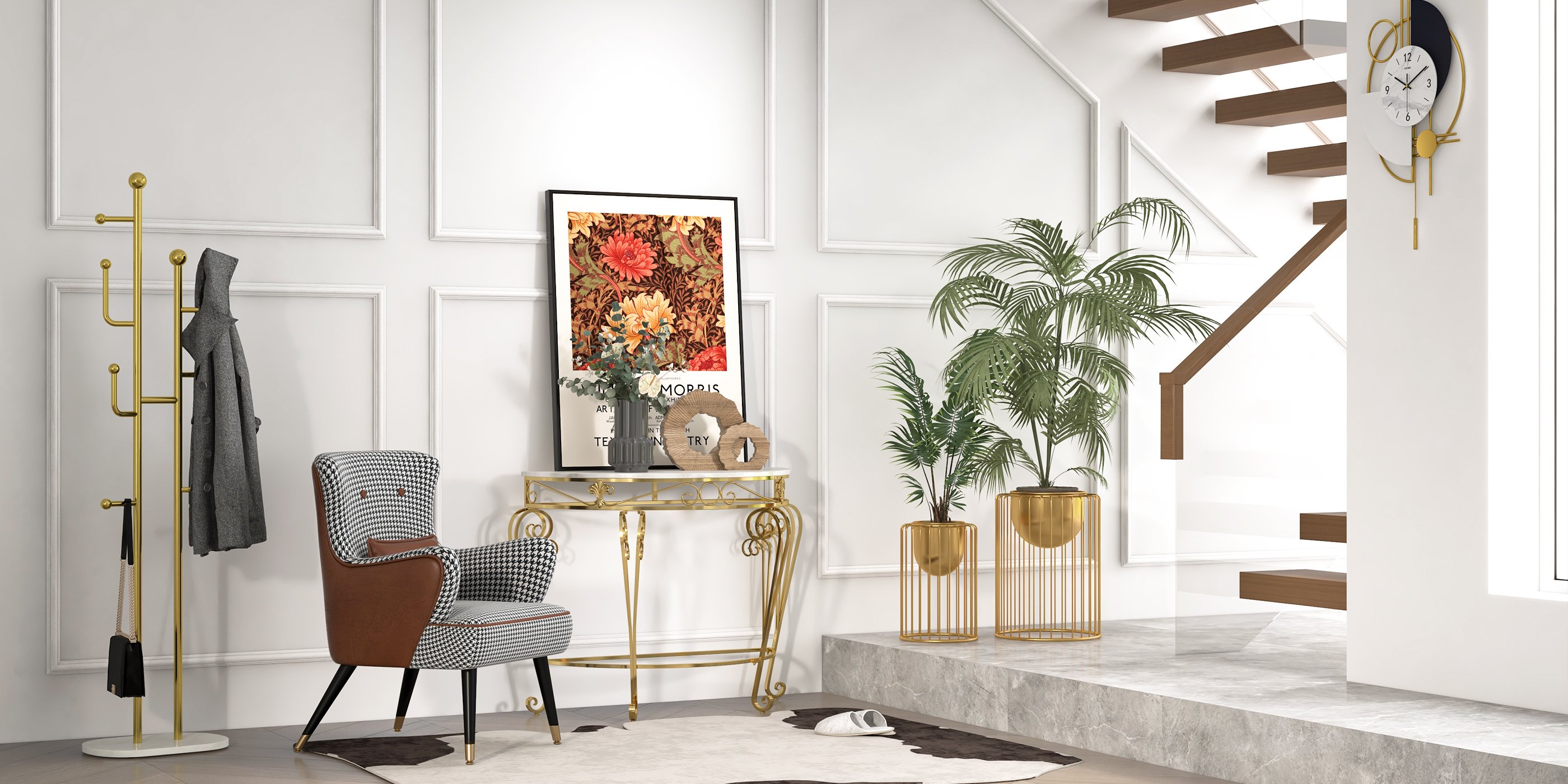 HMR - Modern Metal Console Table with Classical Frame in Gold