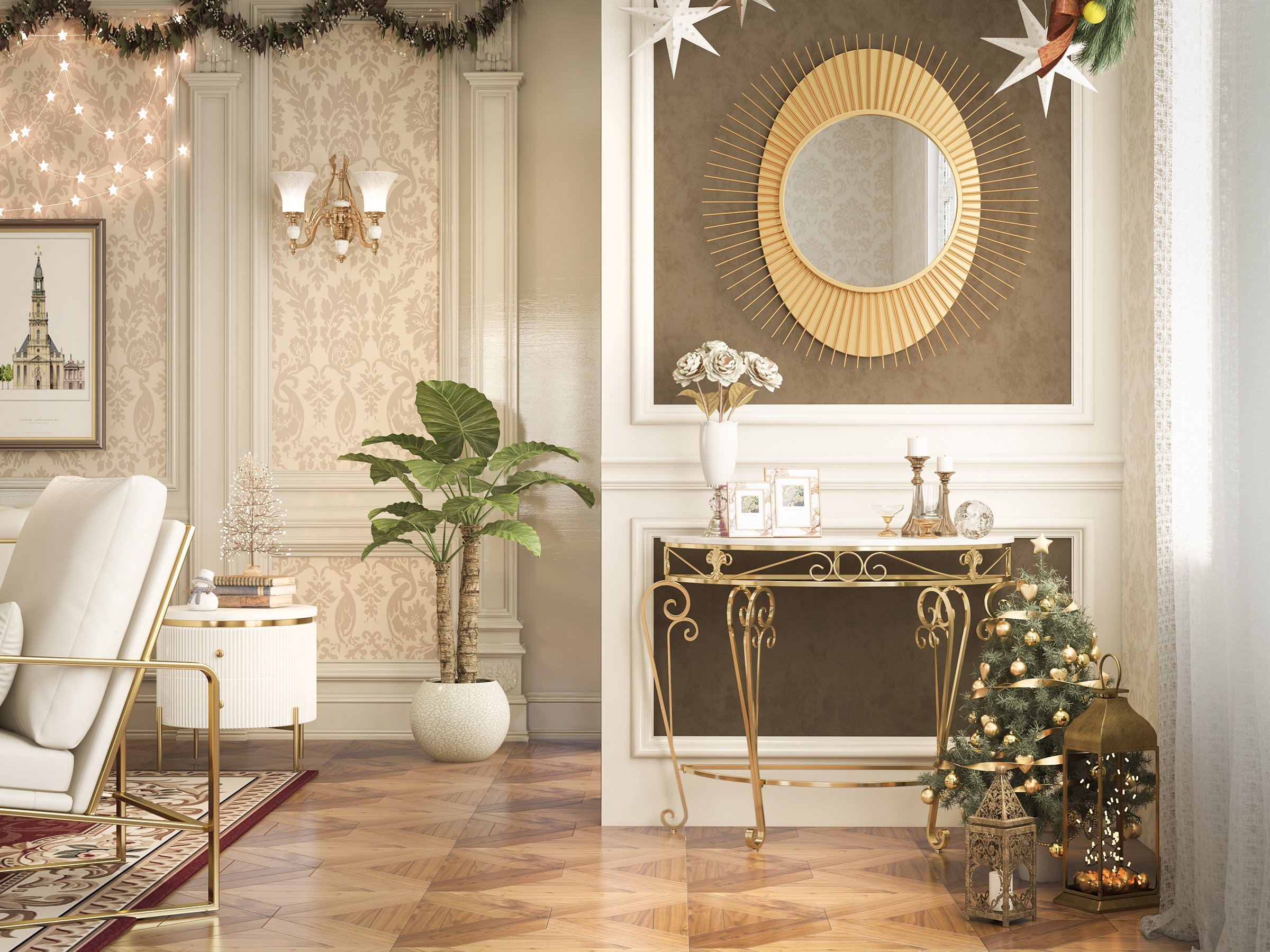 HMR - Modern Metal Console Table with Classical Frame in Gold