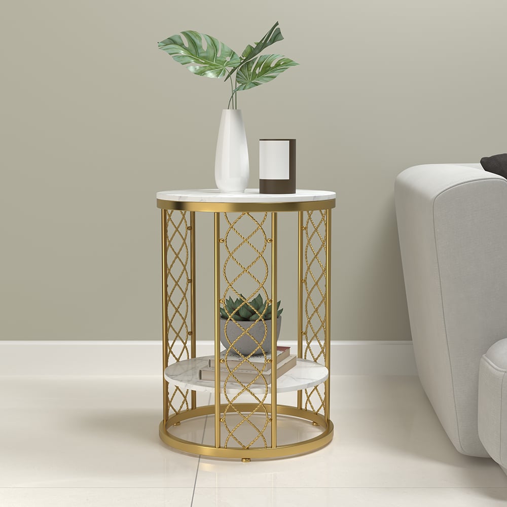 HMR - Round Marble Table with Storage in White