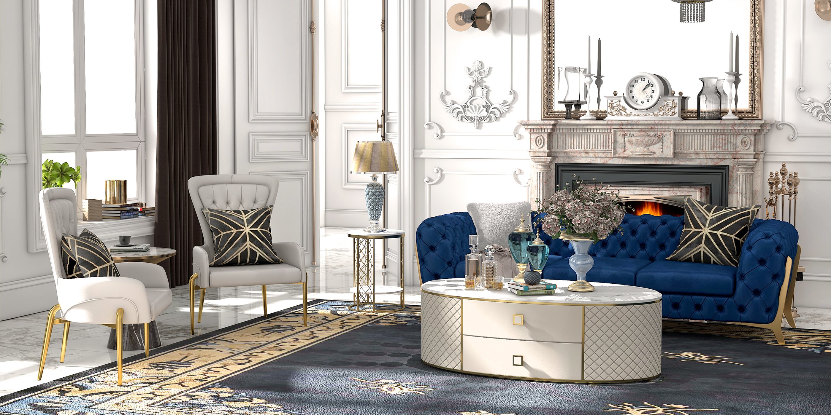 HMR - Round Marble Table with Storage in White