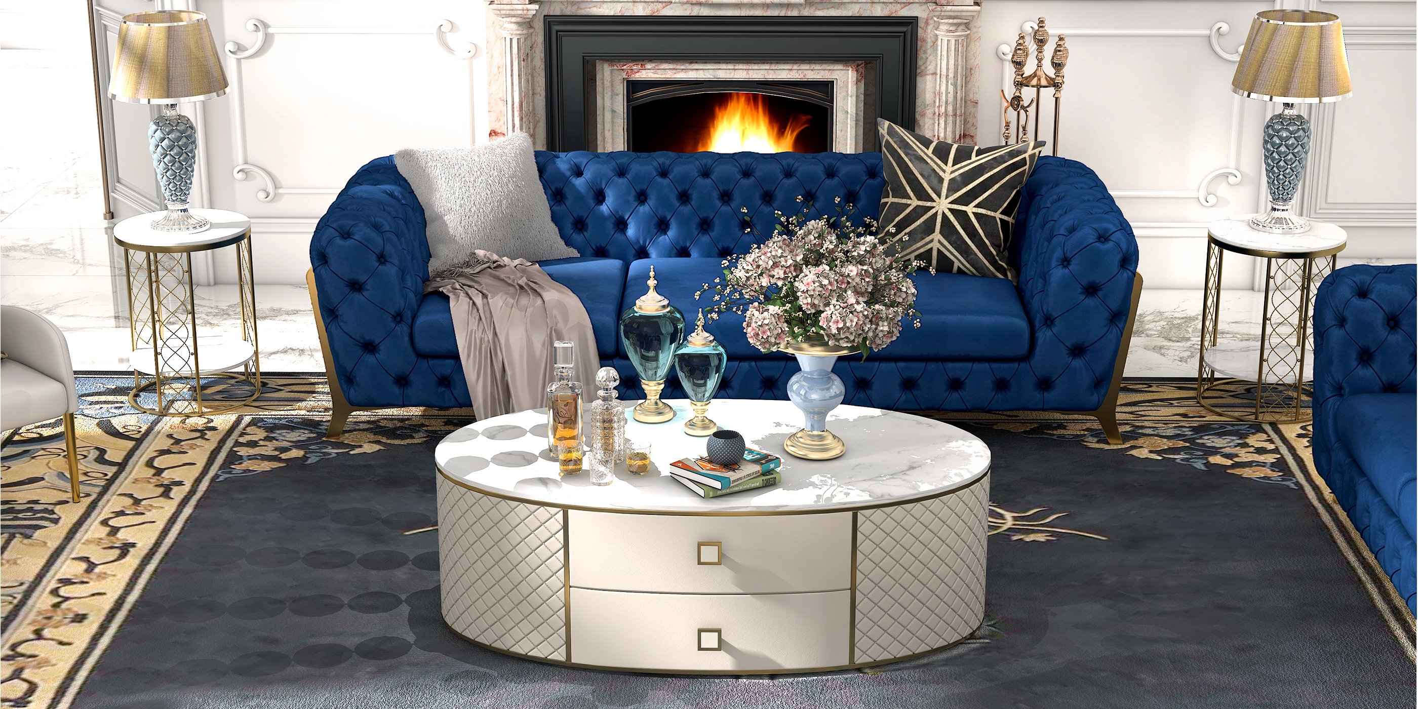 HMR - Round Marble Table with Storage in White