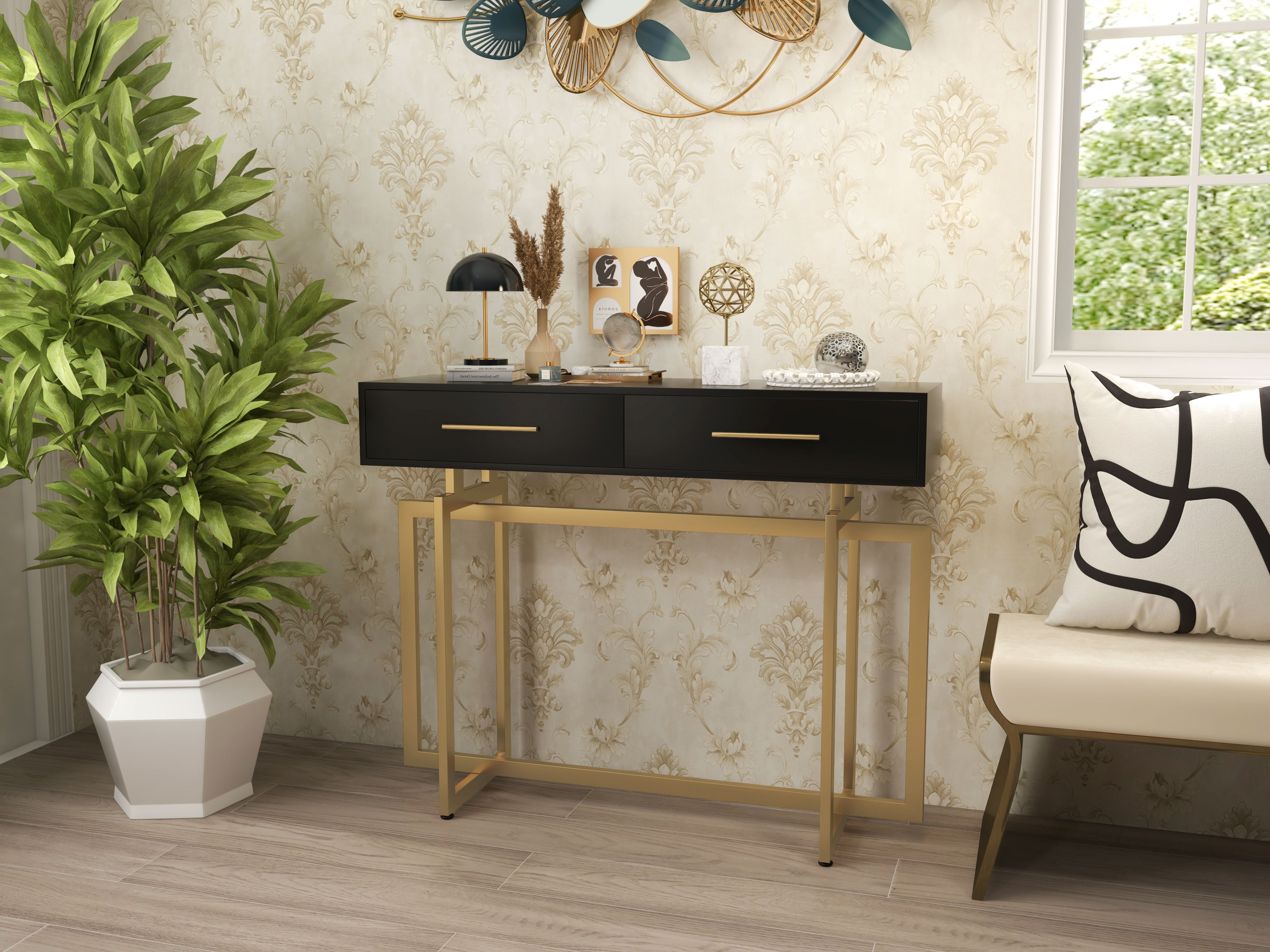 HMR Modern Narrow 40" Console Table with Storage Drawers - Black