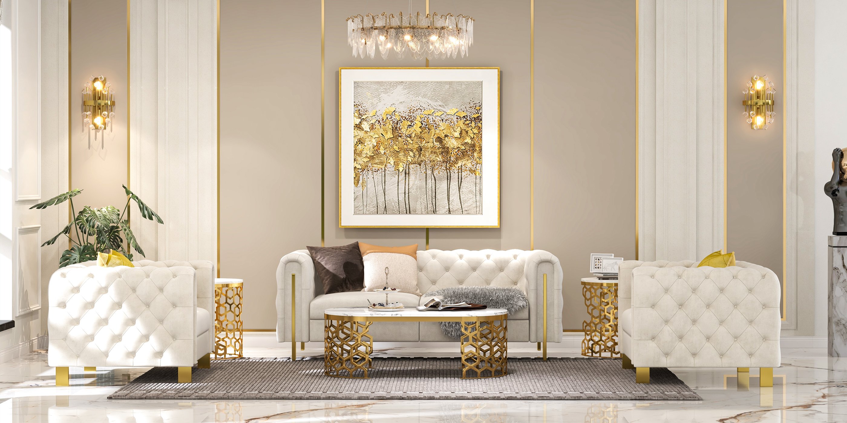 HMR - Oval Coffee Table Marble Top with Stainless Steel Frame in Gold