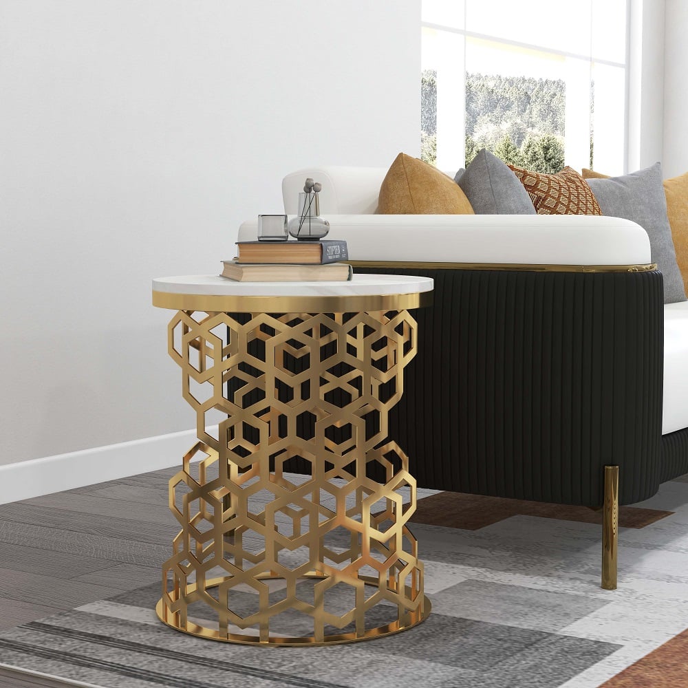 HMR - Currs End Table with Marble Top Side Table in Gold