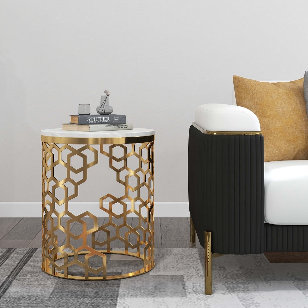 HMR - Currs End Table with Marble Top Side Table in Gold