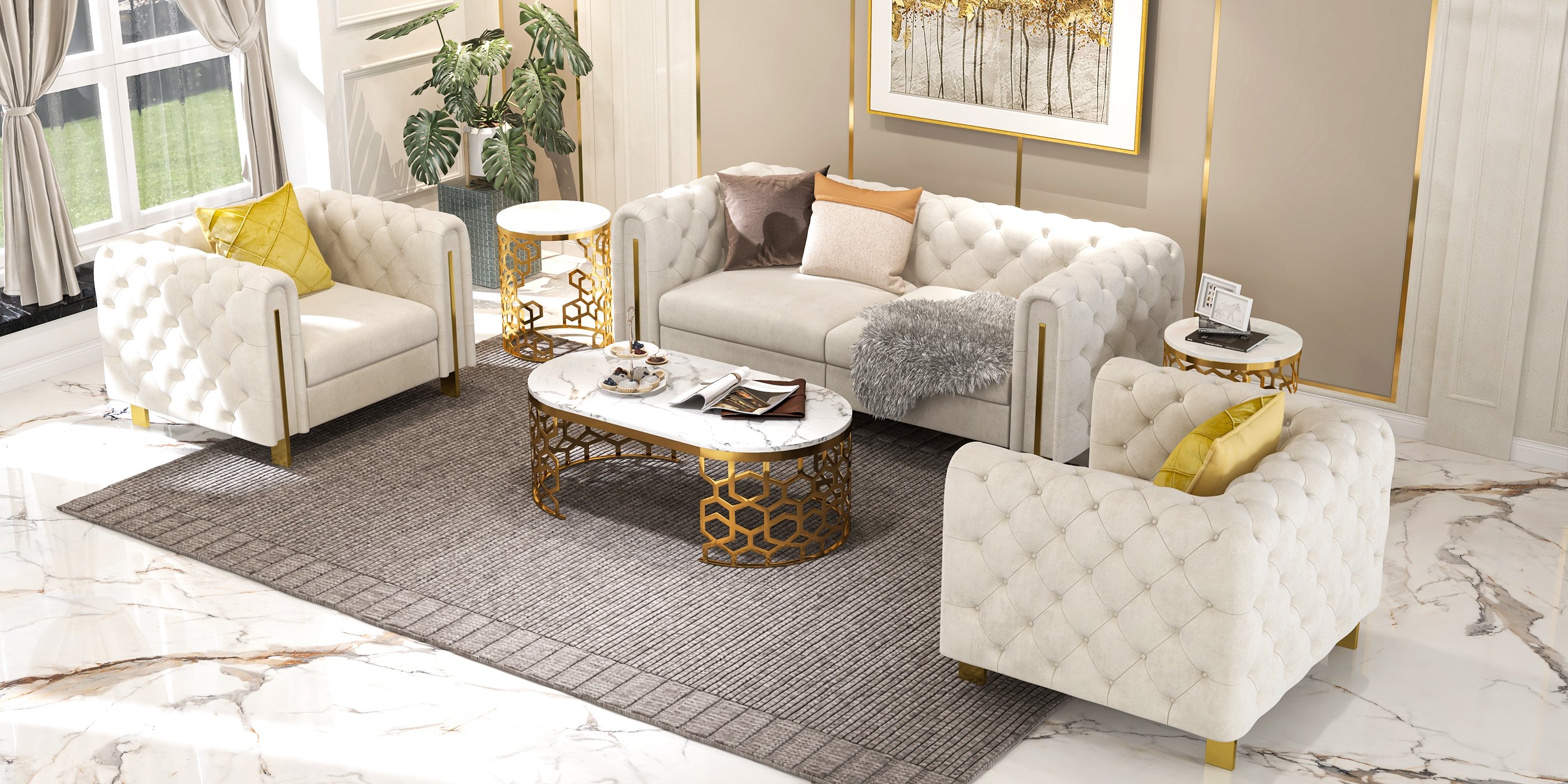 HMR - Currs End Table with Marble Top Side Table in Gold