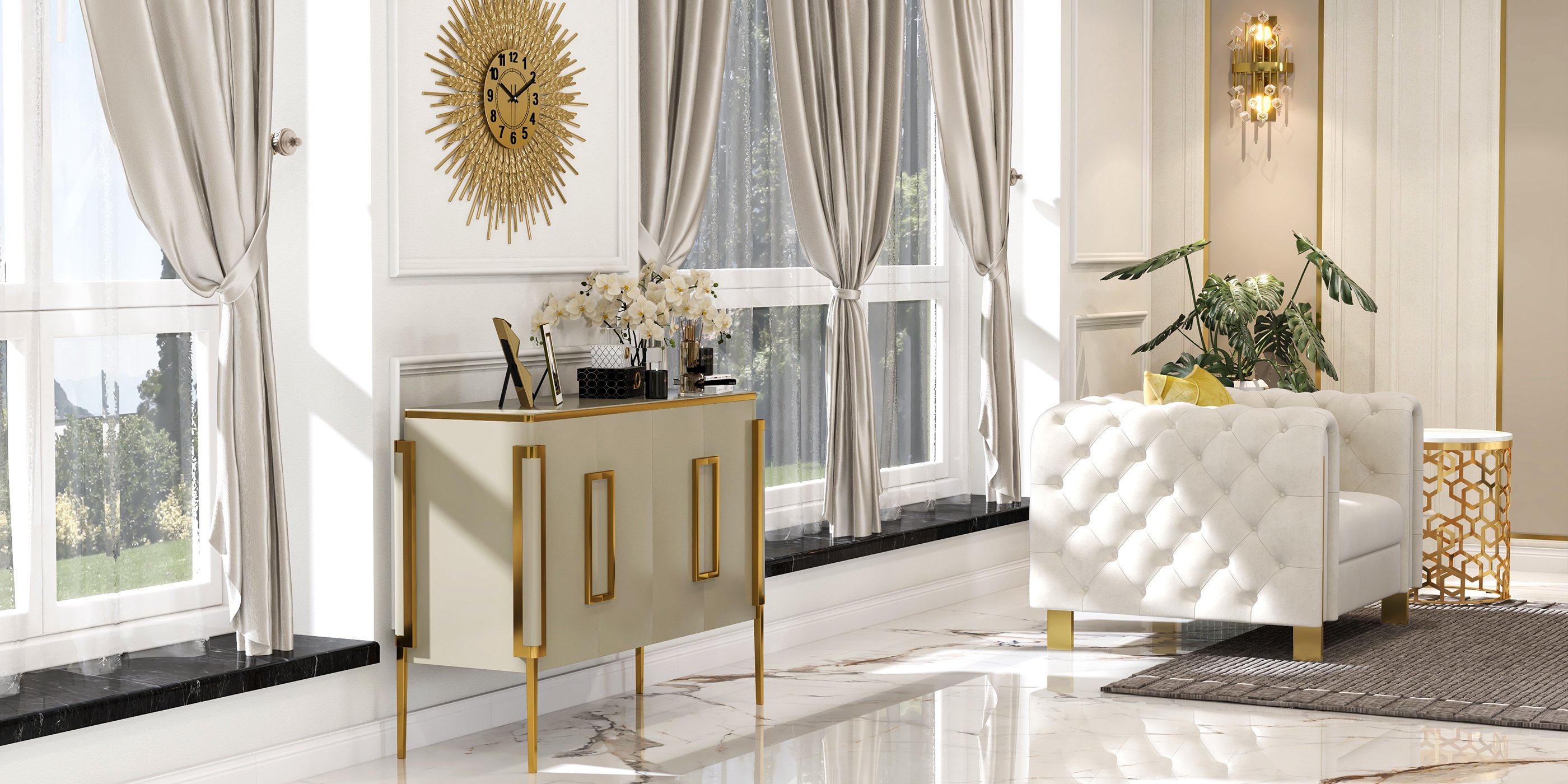 HMR - Currs End Table with Marble Top Side Table in Gold