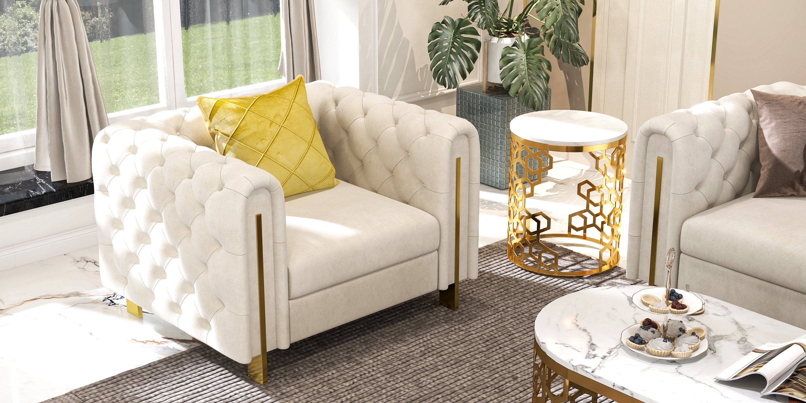 HMR - Currs End Table with Marble Top Side Table in Gold