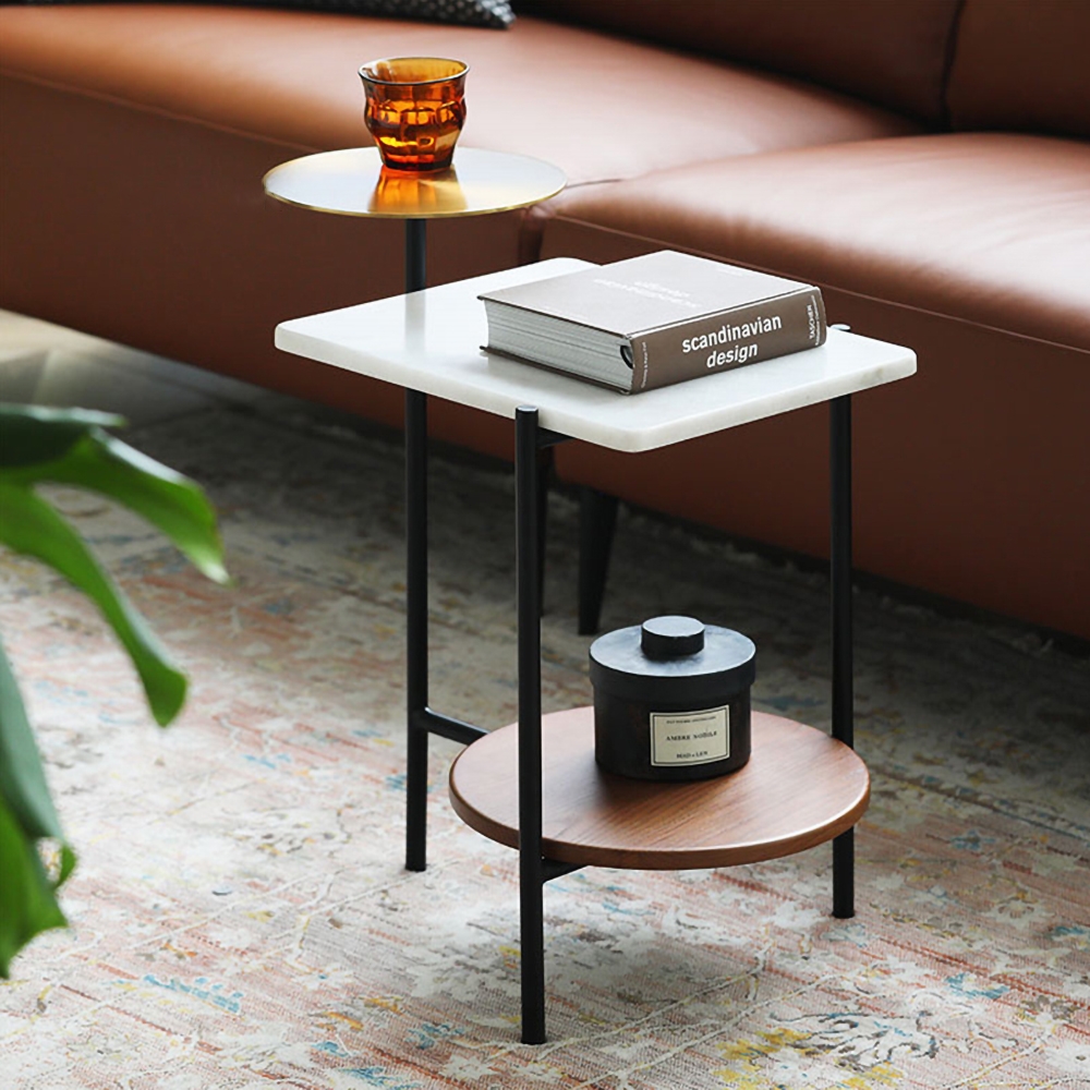 HMR - White Wood and Marble End Table with 3 Tiers in Gold and Walnut