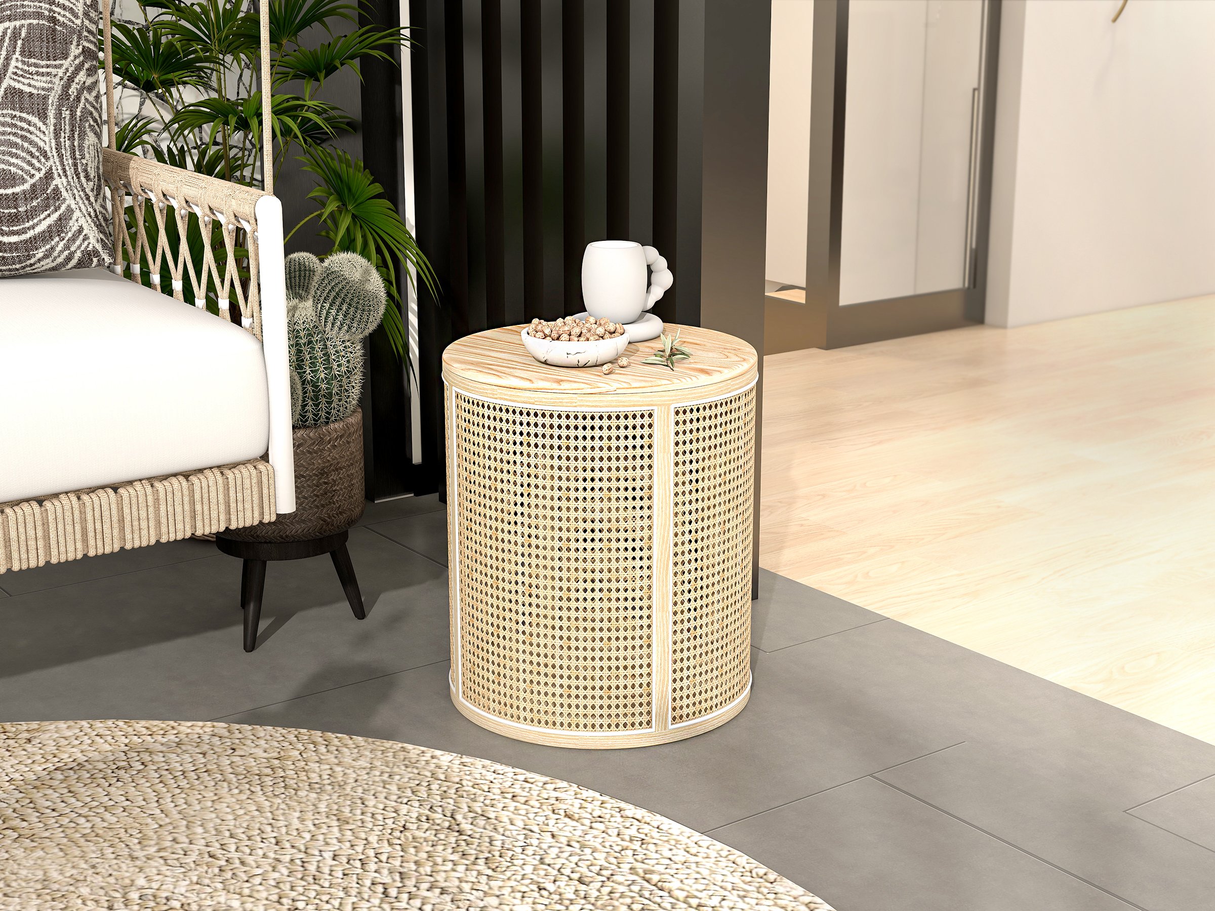 HMR - Round End Table with Storage in Rattan