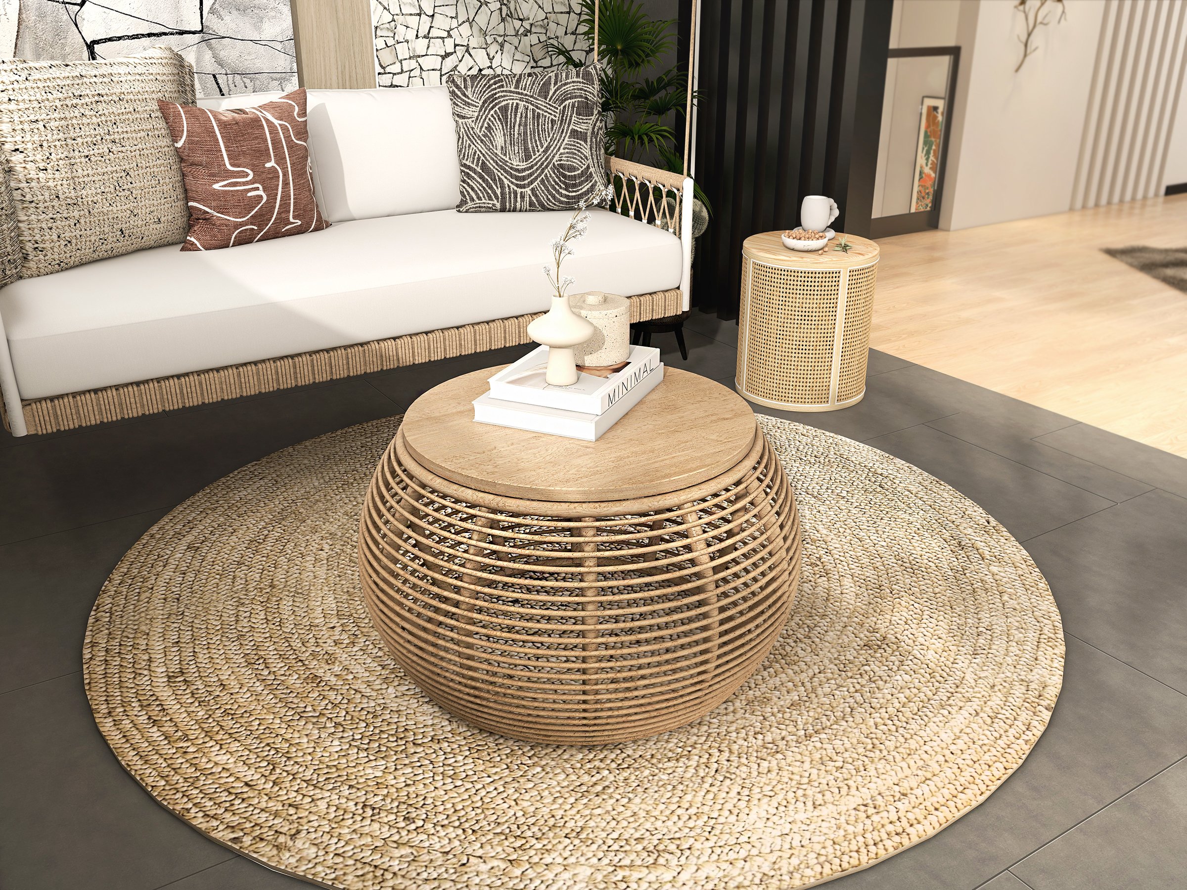 HMR - Round End Table with Storage in Rattan
