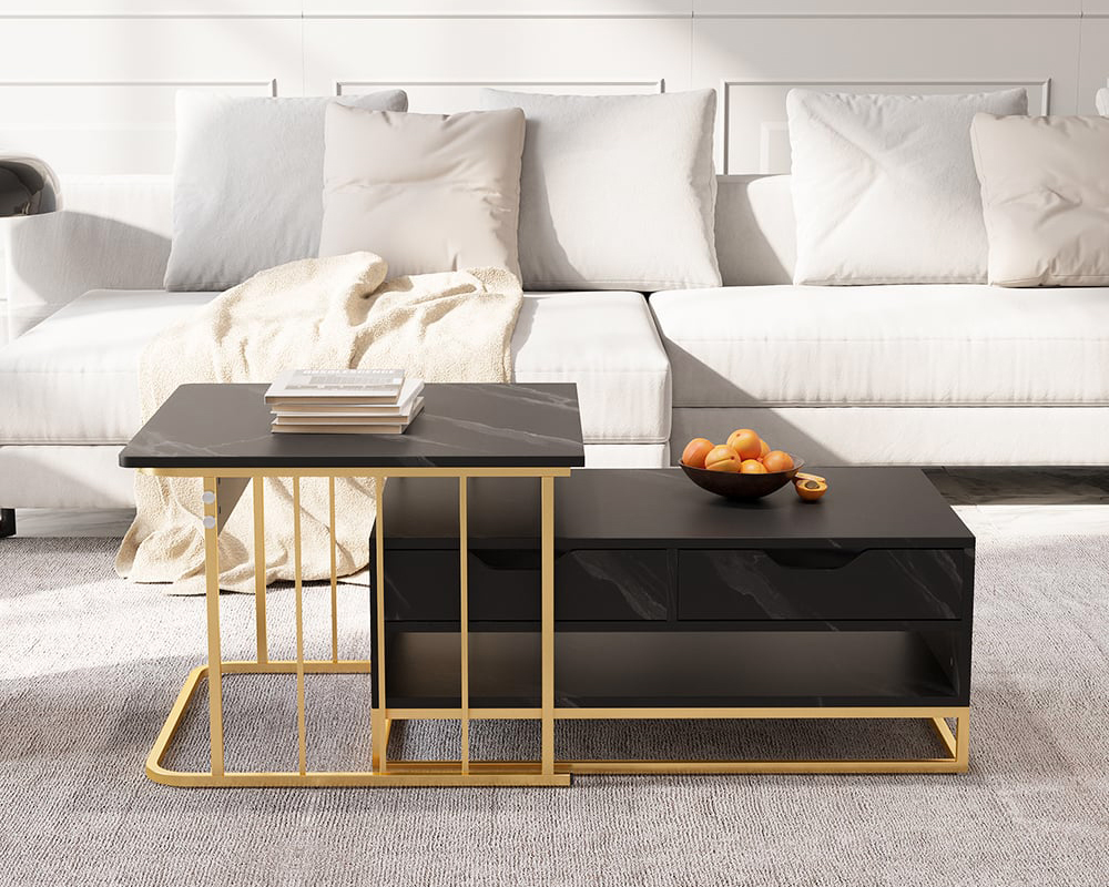 HMR Modern Nesting Coffee Table with Drawers & Shelves (Set of 2) - Black