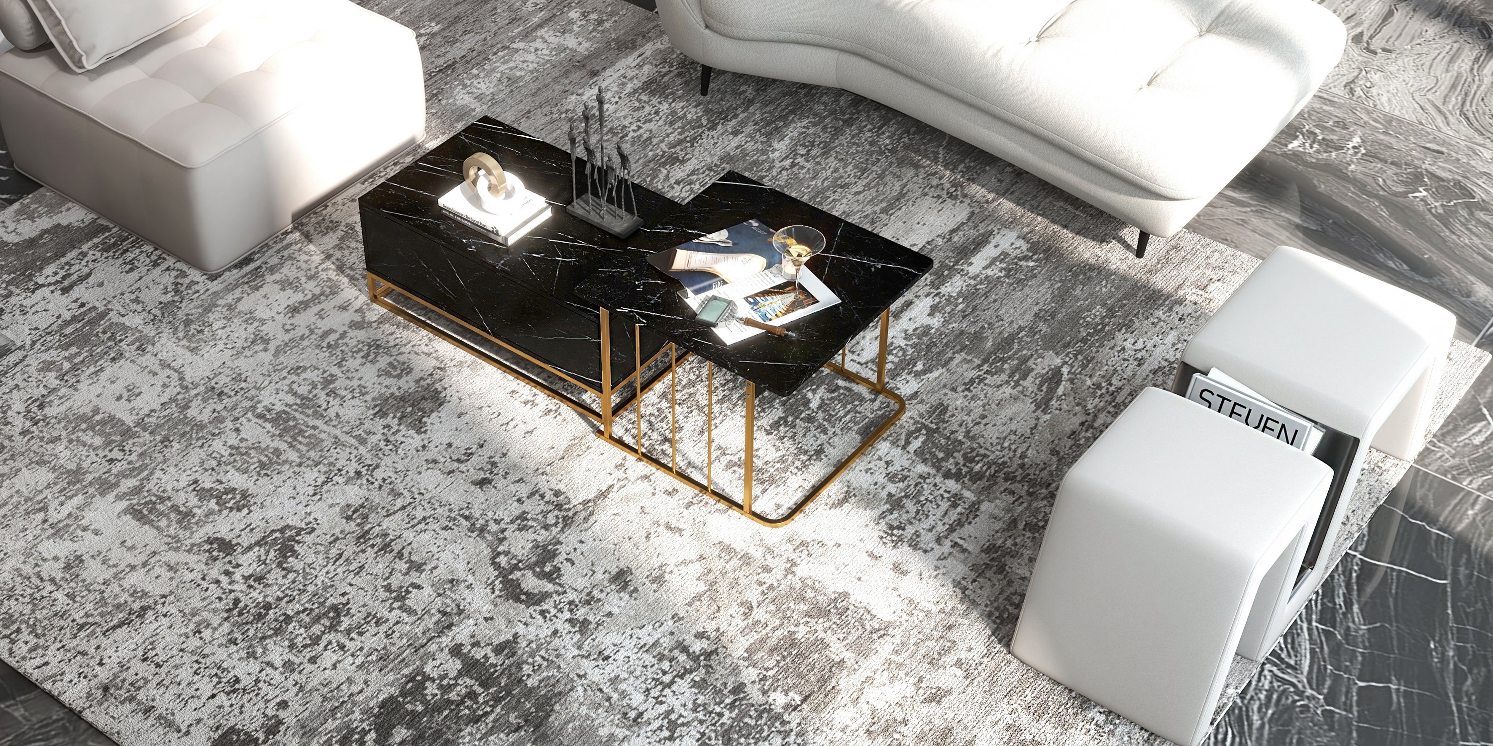 HMR Modern Nesting Coffee Table with Drawers & Shelves (Set of 2) - Black