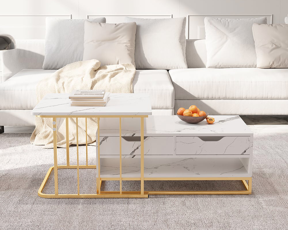 HMR Modern Nesting Coffee Table with Drawers & Shelves (Set of 2) - White