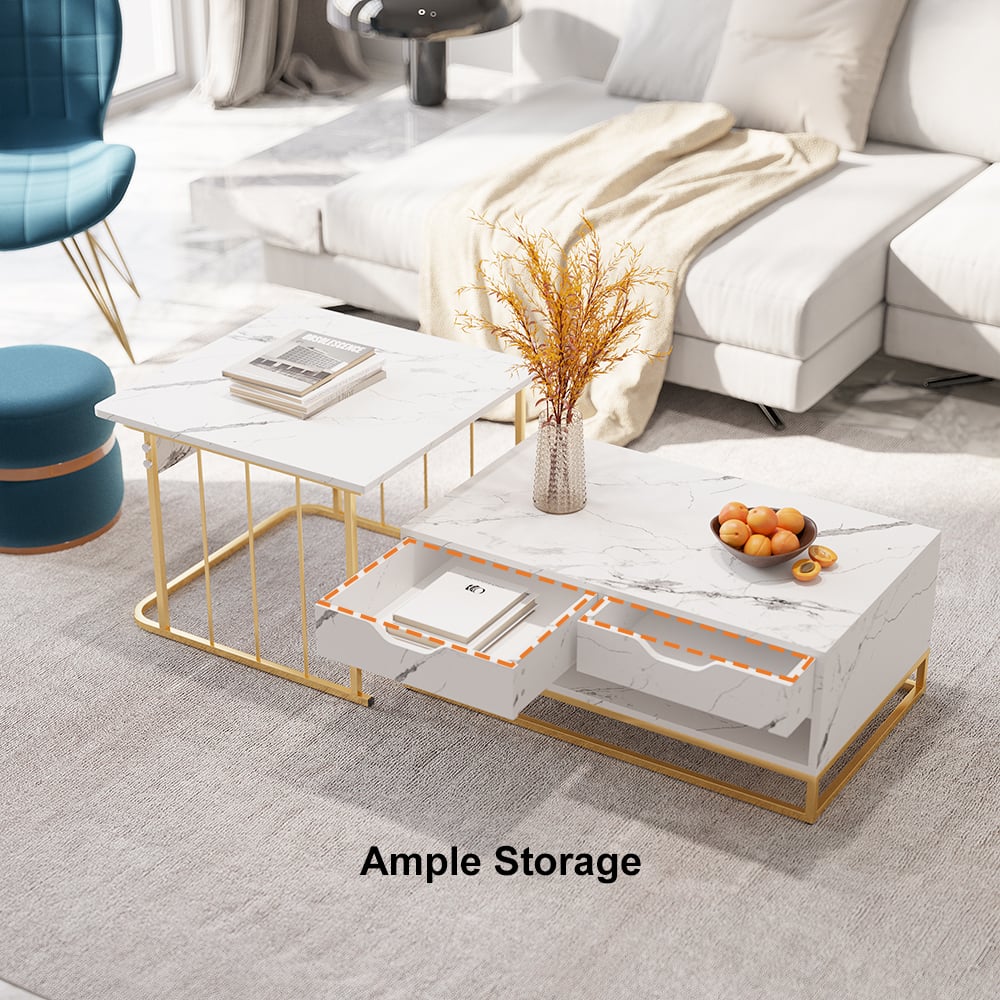 HMR Modern Nesting Coffee Table with Drawers & Shelves (Set of 2) - White