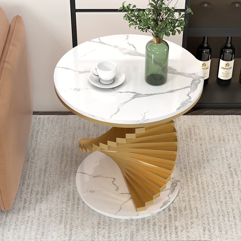 HMR Round Side Table with Metal Frame - White, Faux Marble