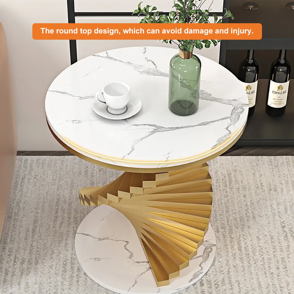HMR Round Side Table with Metal Frame - White, Faux Marble