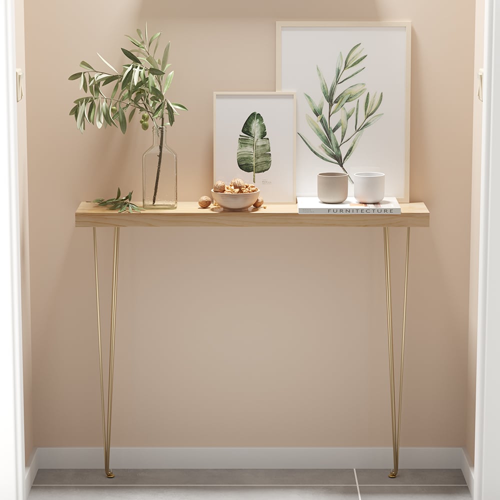 HMR Rustic Narrow Rectangular 39" Console Table with Wooden Top & Metal Legs - Natural
