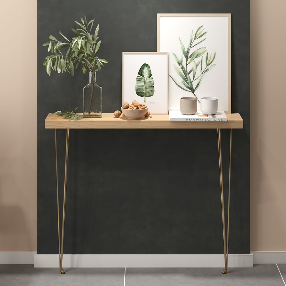 HMR Rustic Narrow Rectangular 39" Console Table with Wooden Top & Metal Legs - Natural
