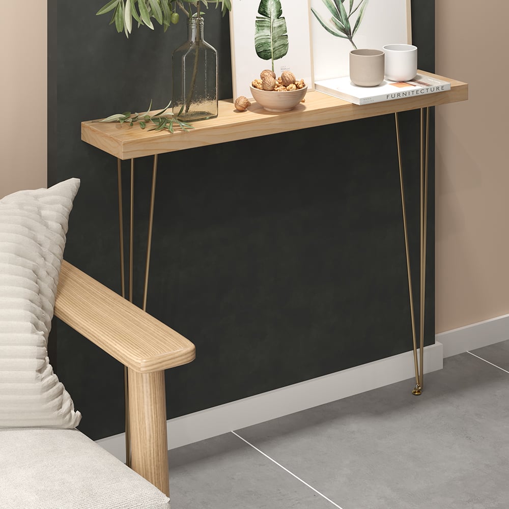 HMR Rustic Narrow Rectangular 39" Console Table with Wooden Top & Metal Legs - Natural