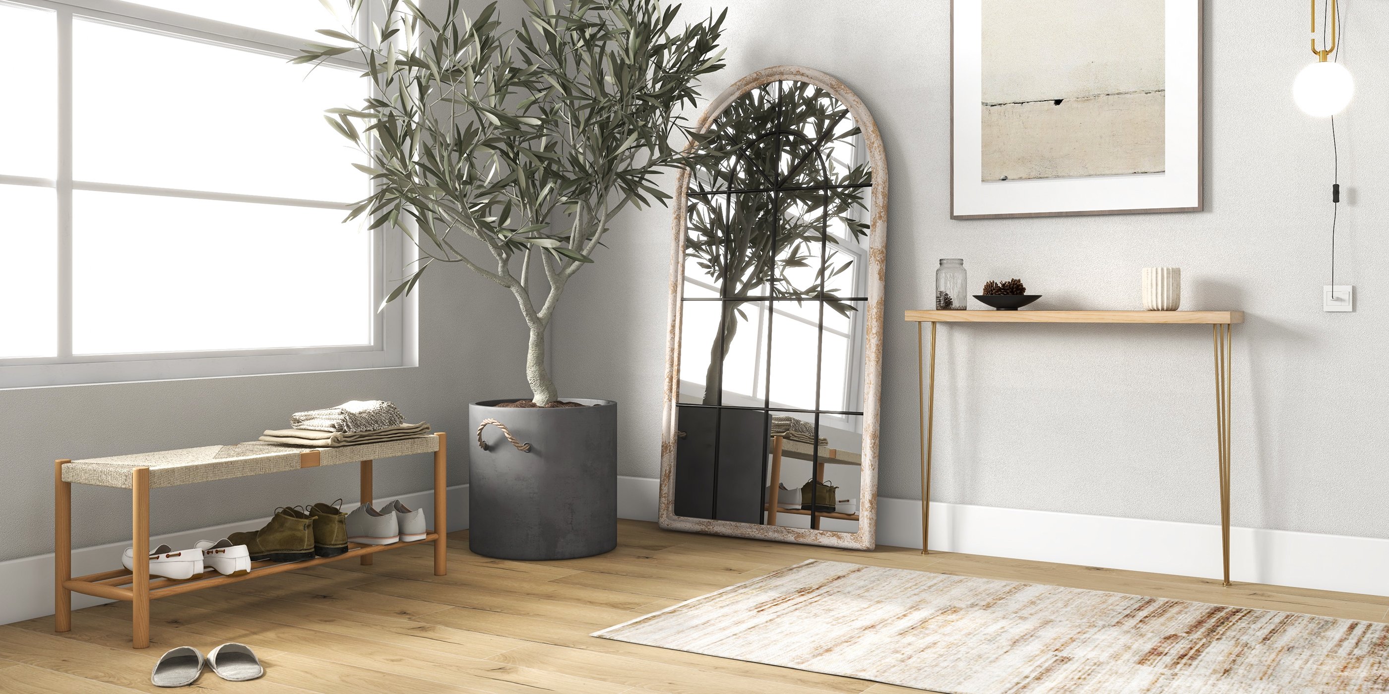 HMR Rustic Narrow Rectangular 39" Console Table with Wooden Top & Metal Legs - Natural