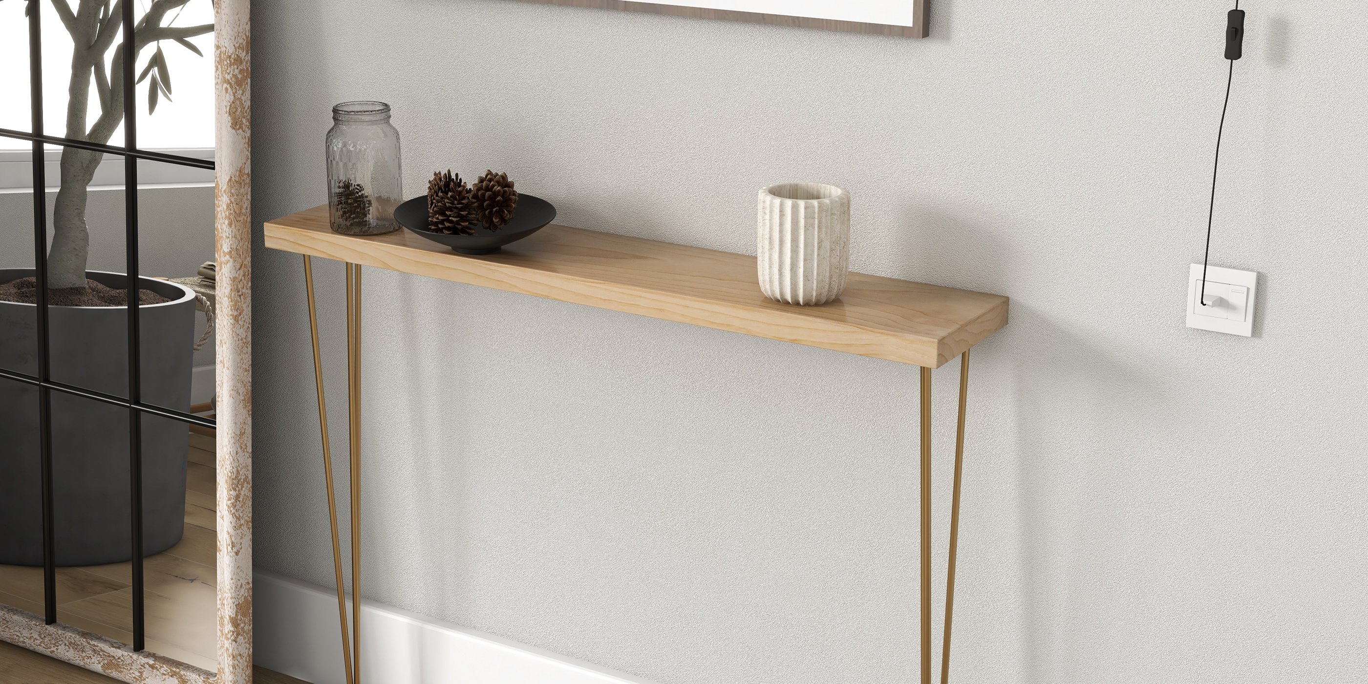 HMR Rustic Narrow Rectangular 39" Console Table with Wooden Top & Metal Legs - Natural