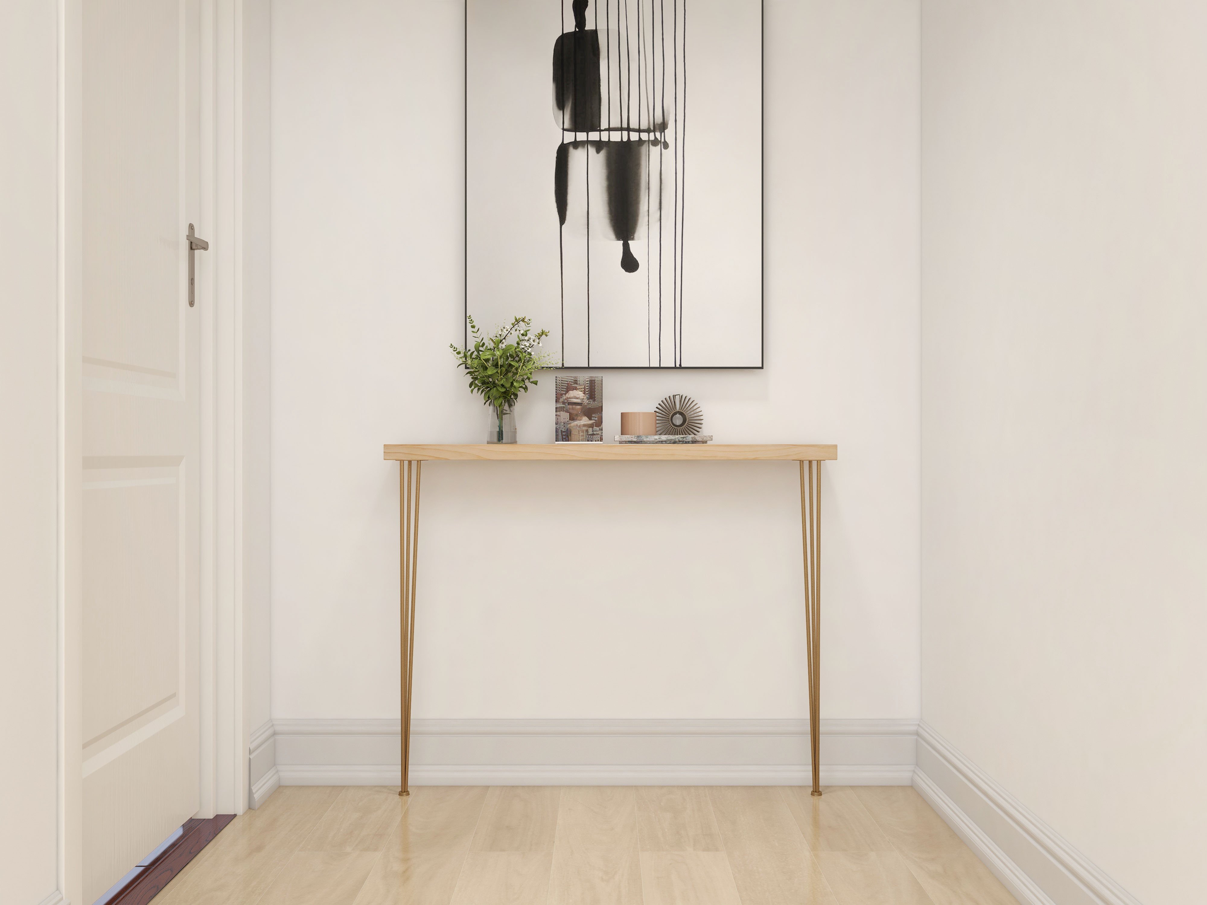 HMR Rustic Narrow Rectangular 39" Console Table with Wooden Top & Metal Legs - Natural