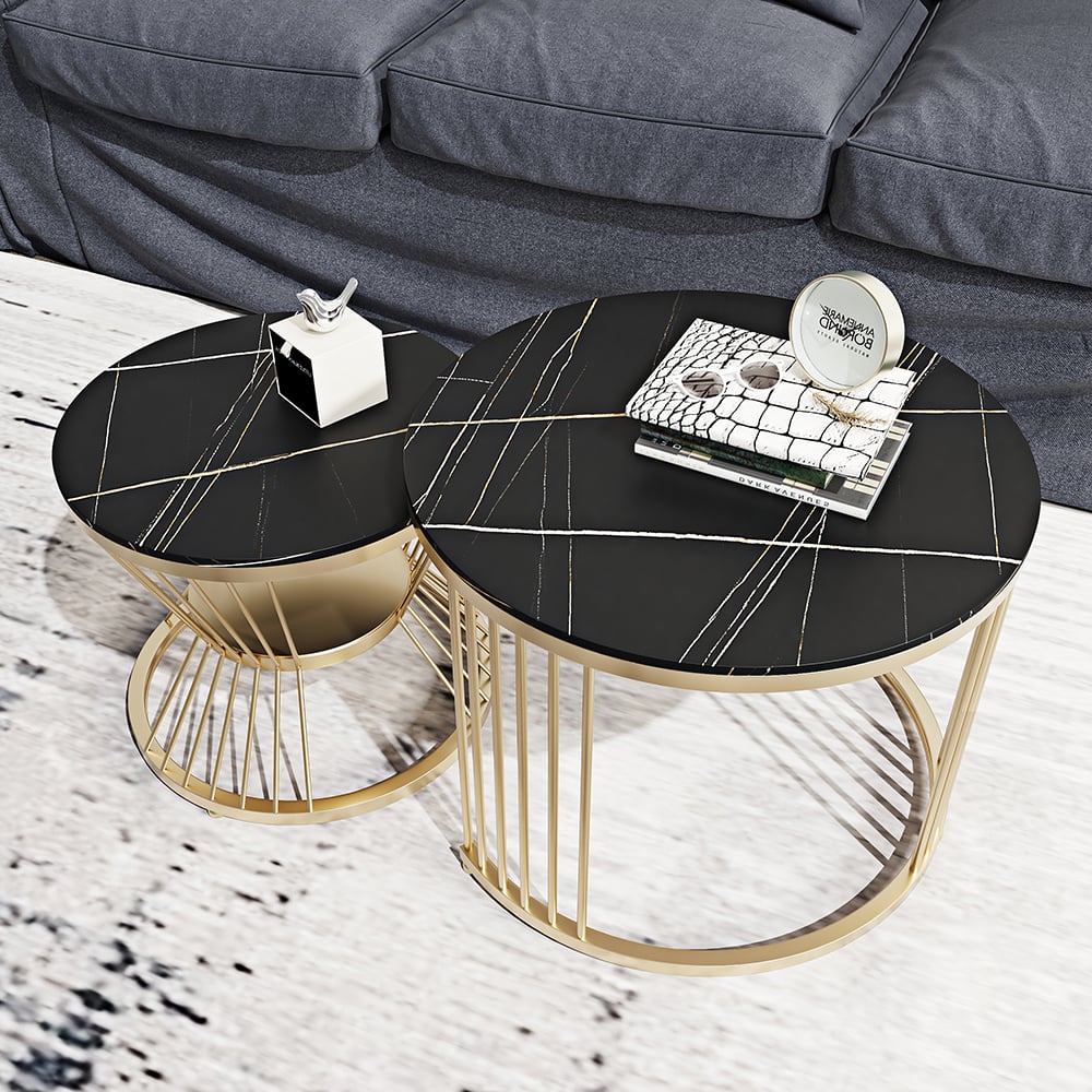 HMR Modern Nesting Coffee Table Set with Sintered Stone Top (Set of 2) - Black