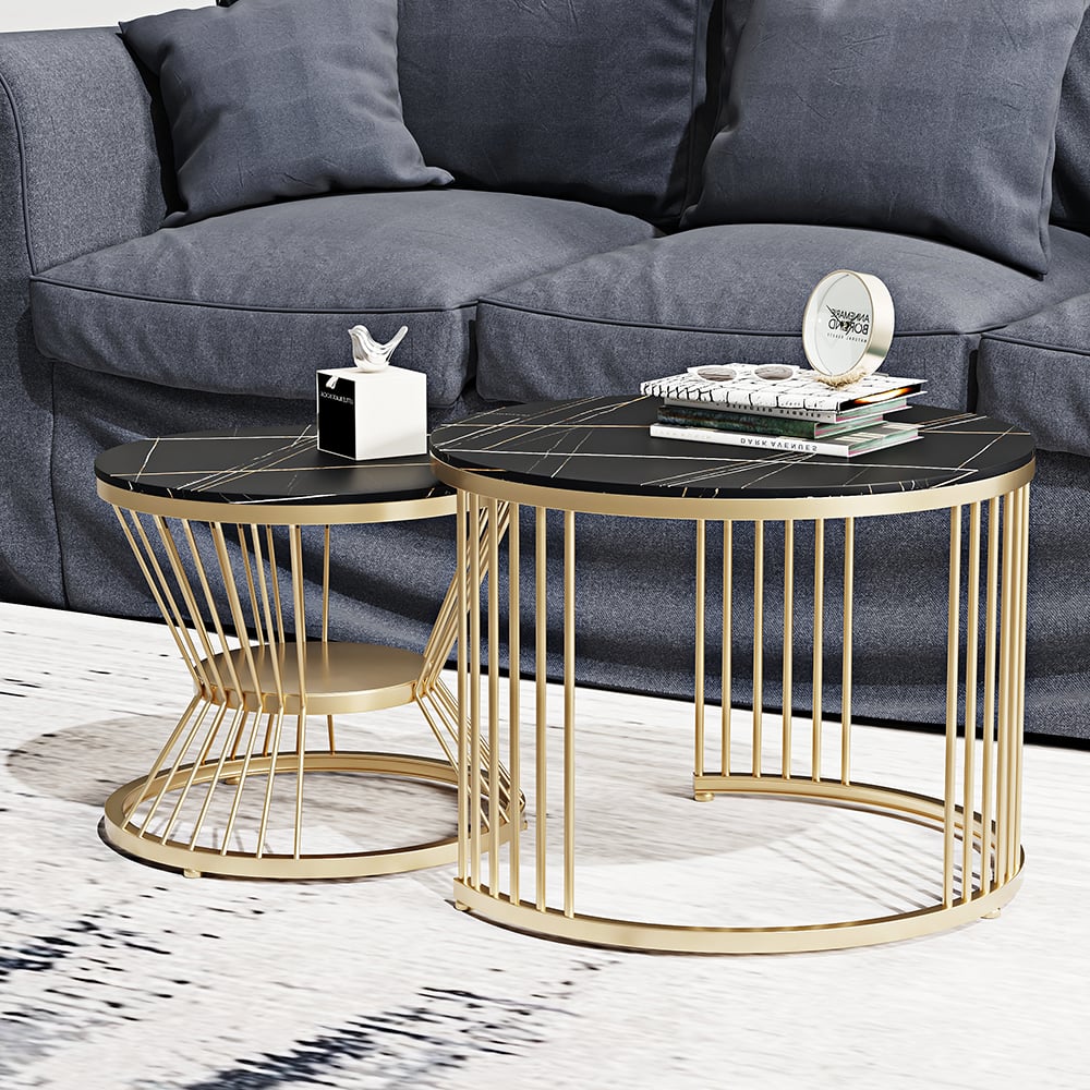 HMR Modern Nesting Coffee Table Set with Sintered Stone Top (Set of 2) - Black
