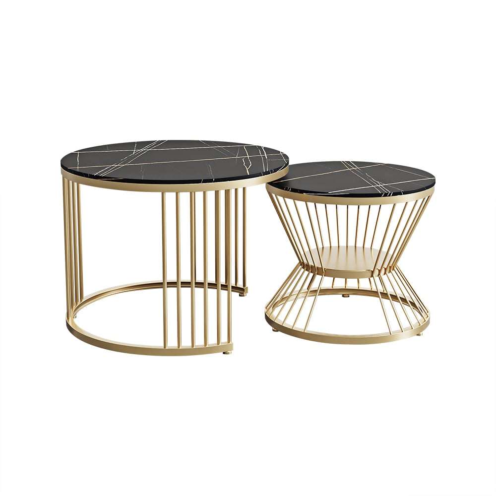 HMR Modern Nesting Coffee Table Set with Sintered Stone Top (Set of 2) - Black