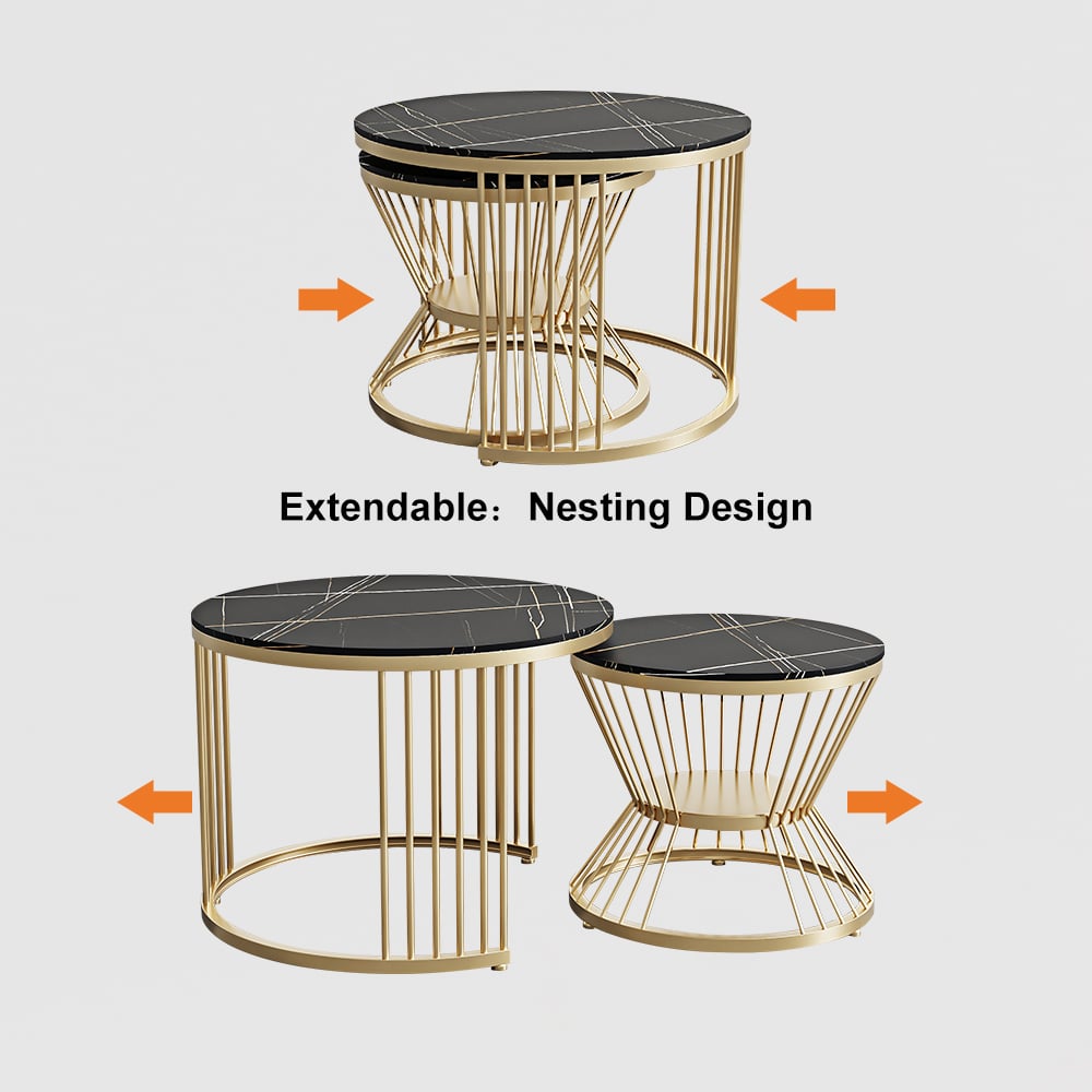 HMR Modern Nesting Coffee Table Set with Sintered Stone Top (Set of 2) - Black