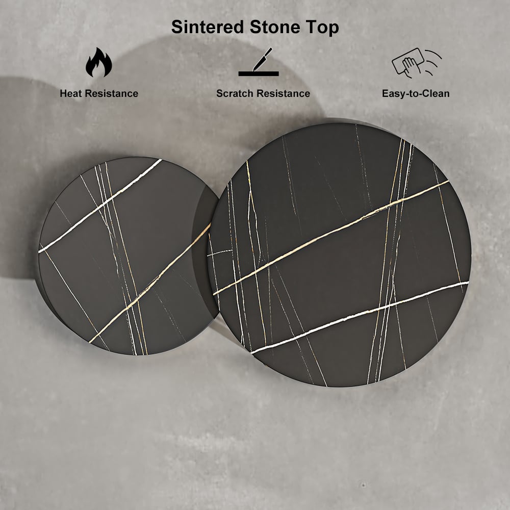 HMR Modern Nesting Coffee Table Set with Sintered Stone Top (Set of 2) - Black
