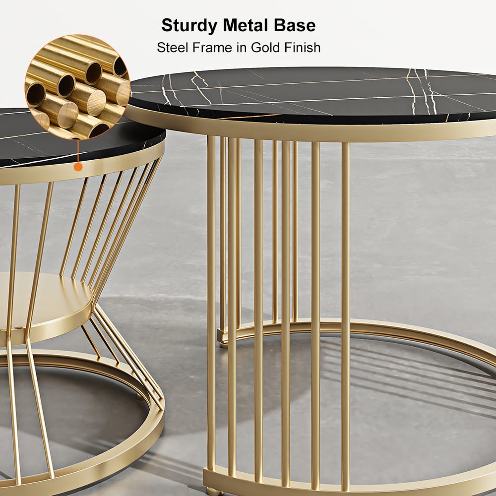 HMR Modern Nesting Coffee Table Set with Sintered Stone Top (Set of 2) - Black