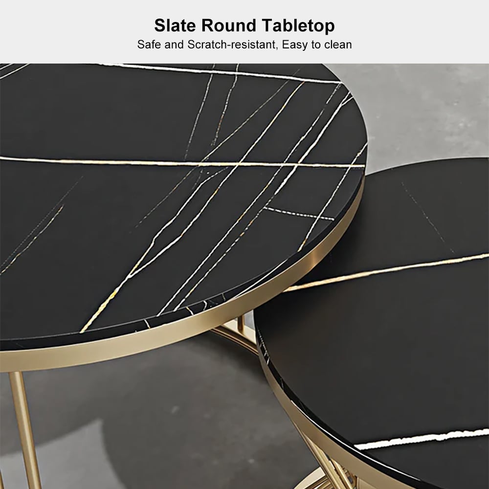 HMR Modern Nesting Coffee Table Set with Sintered Stone Top (Set of 2) - Black