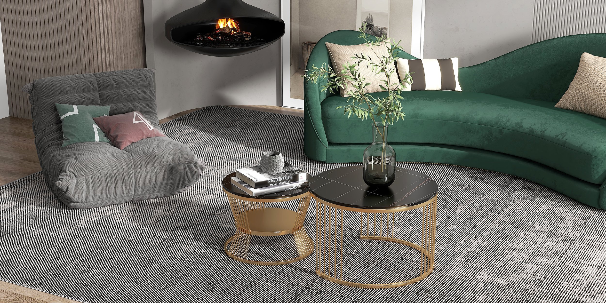 HMR Modern Nesting Coffee Table Set with Sintered Stone Top (Set of 2) - Black