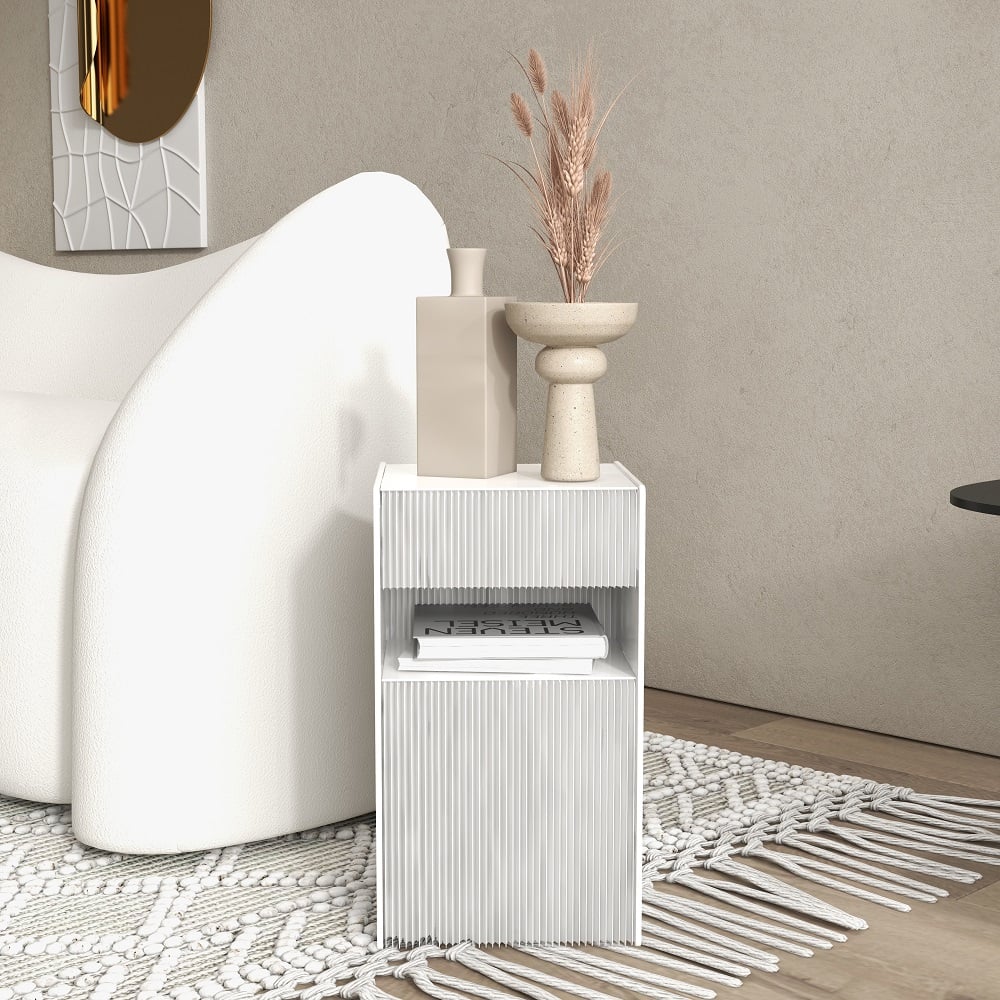 HMR - Foldable End Table with Storage Side Table in White