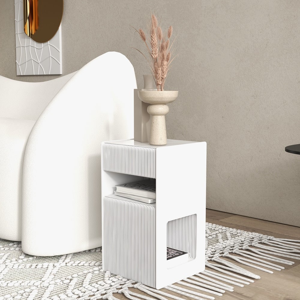 HMR - Foldable End Table with Storage Side Table in White