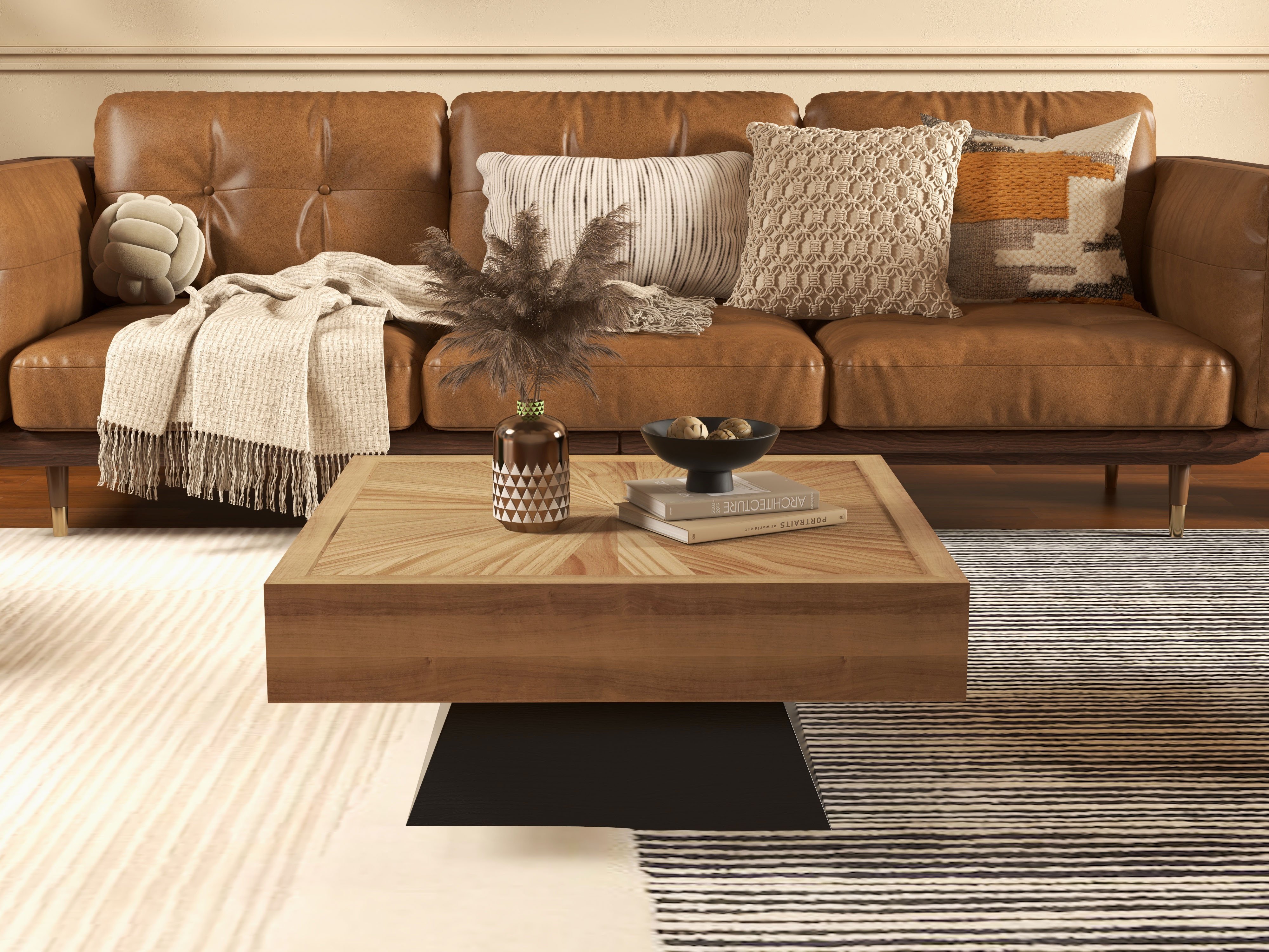 HMR - Square Coffee Table with Wooden Top in Black and Natural