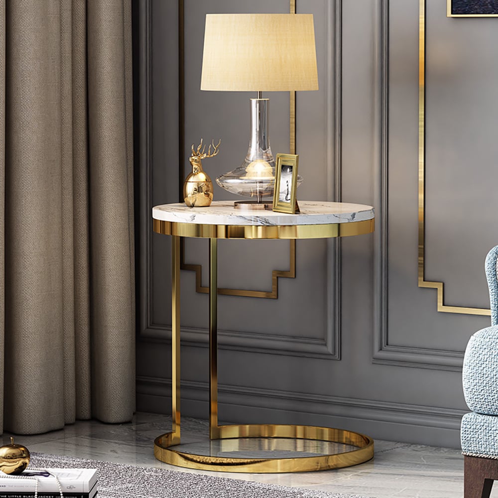 HMR - Round Marble Side Table with Gold Stainless Steel Frame in White