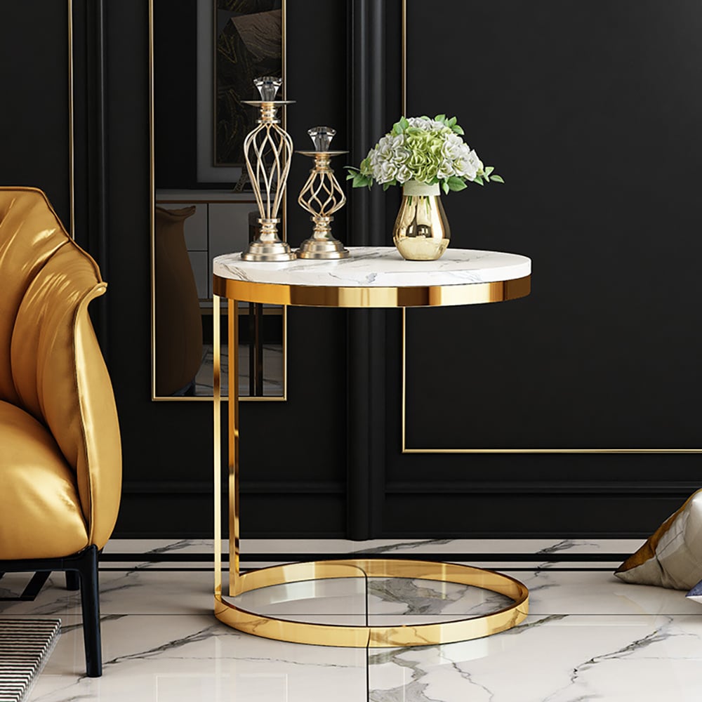 HMR - Round Marble Side Table with Gold Stainless Steel Frame in White