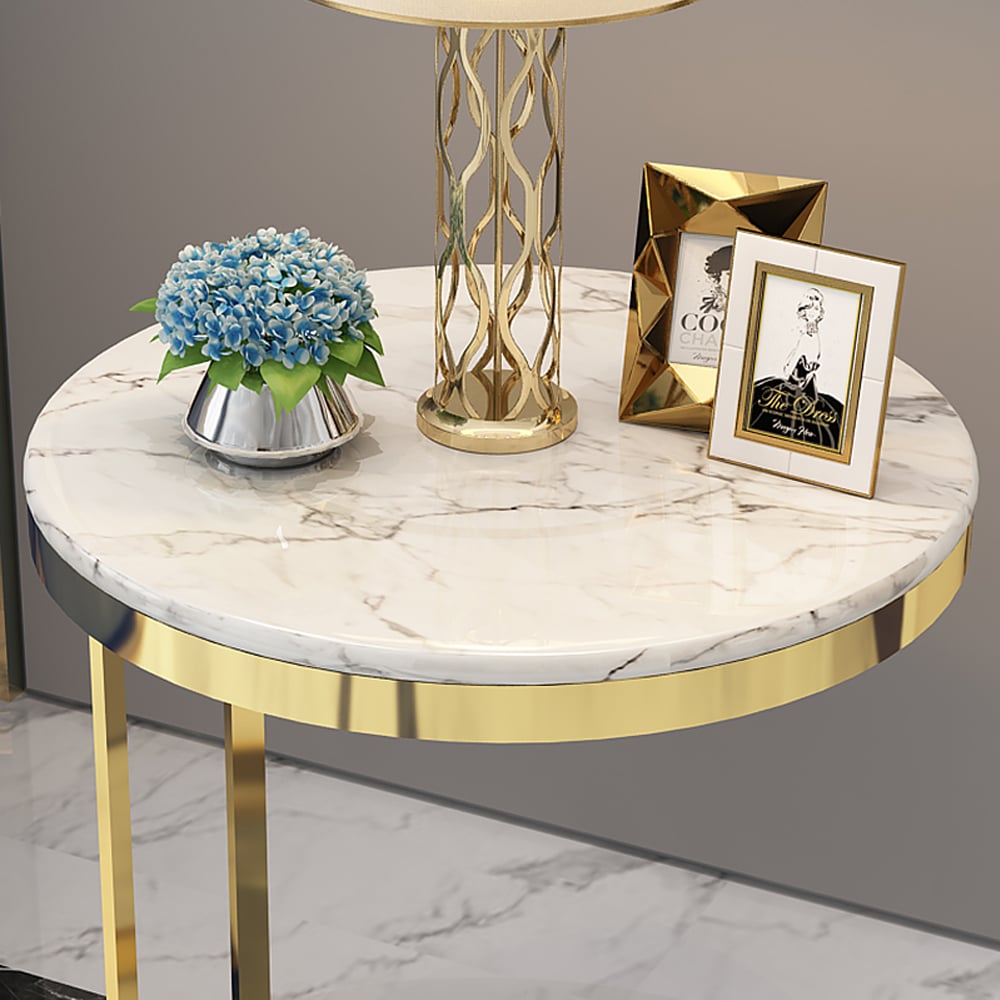HMR - Round Marble Side Table with Gold Stainless Steel Frame in White