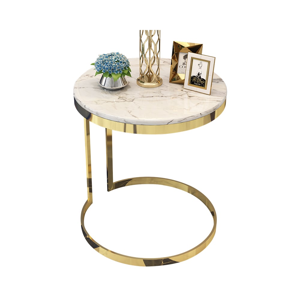HMR - Round Marble Side Table with Gold Stainless Steel Frame in White